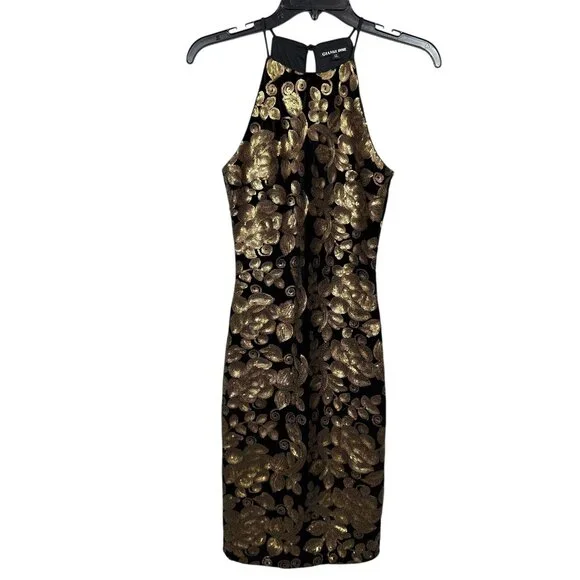 Gianni Bini | Dresses | Gianni Bini Velvet Sequin Dress Xs Black Gold  Halter Formal Mini Metallic Glam | Poshmark